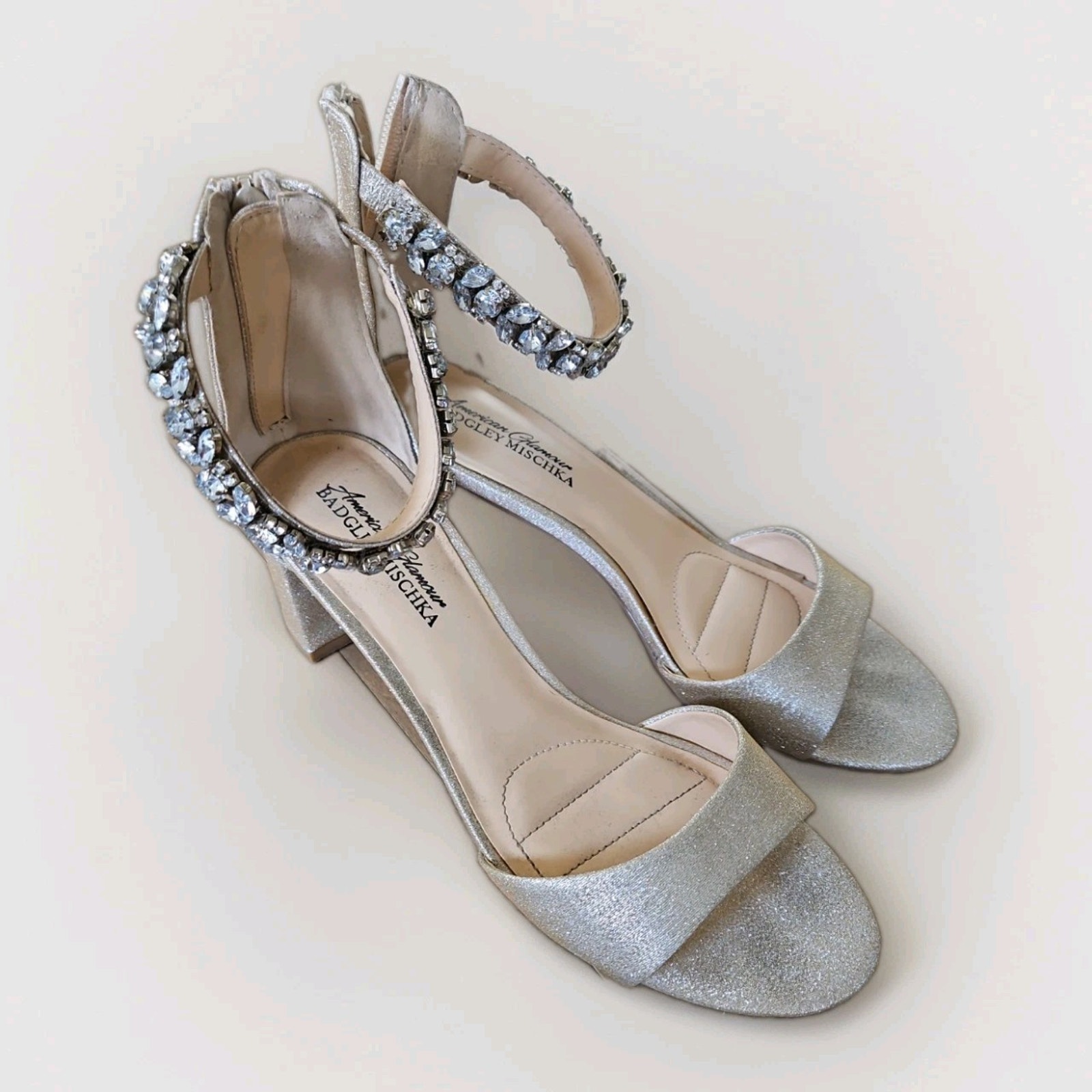 American Glamour Gold Badgley Mischka Heel Sandals Jeweled Ankle Strap Size 8.5